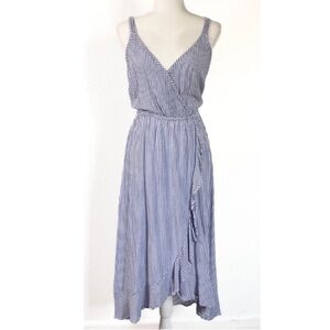 Naif White Blue Striped Midi Long Dress Spaghetti Strap Faux Wrap Size Large